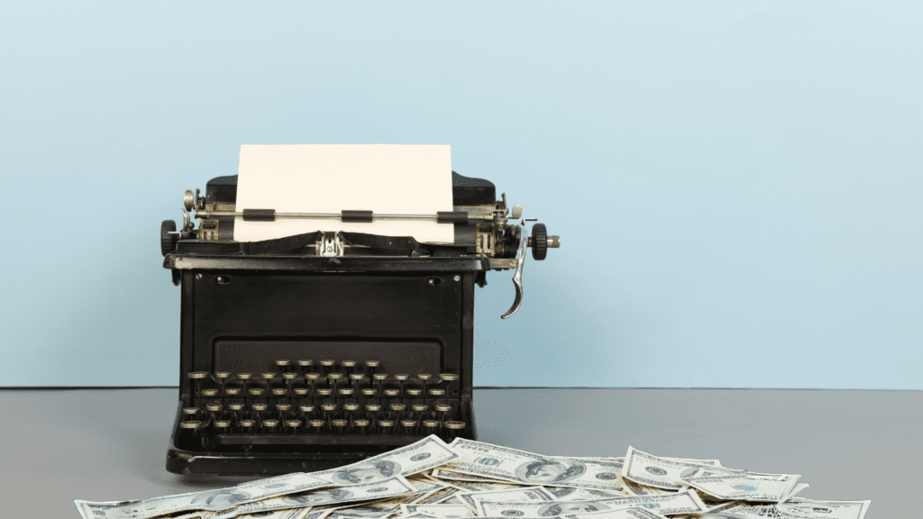 money next to typewriter used for creating guest blog posts