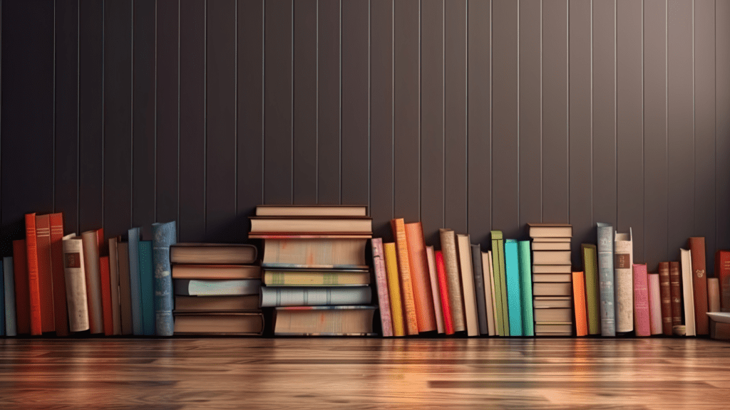 prolific writer long row of books on floor