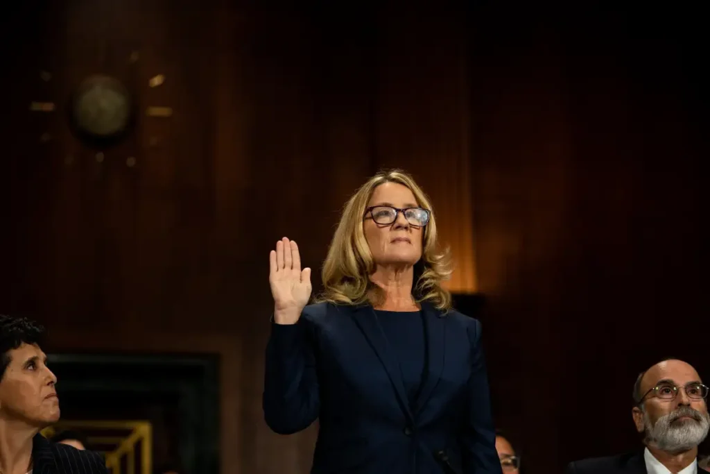 Christine Blasey Ford testifying in front of Congress, disclosure about alleged sexual assault