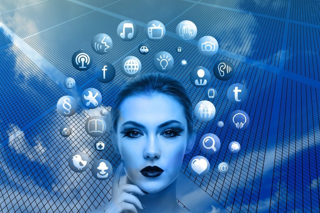 woman surrounded by social media icons concept of being able to cross-post to many platforms