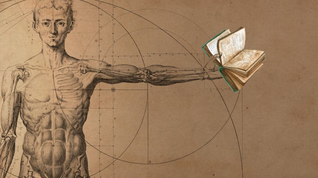 anatomy drawing of man holding an open book; anatomy of a book proposal concept