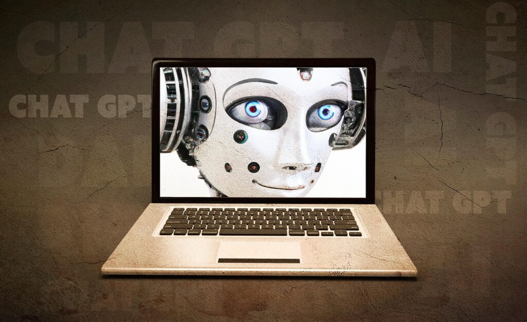 AI robot shown on screen with ChatGPT repeating in the background; AI answers